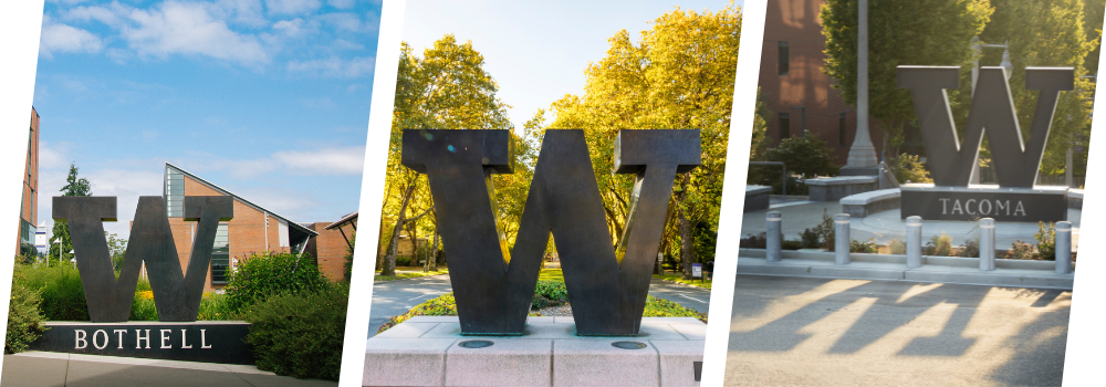 Bronze Big W statues representing UW Bothell, Seattle, and Tacoma